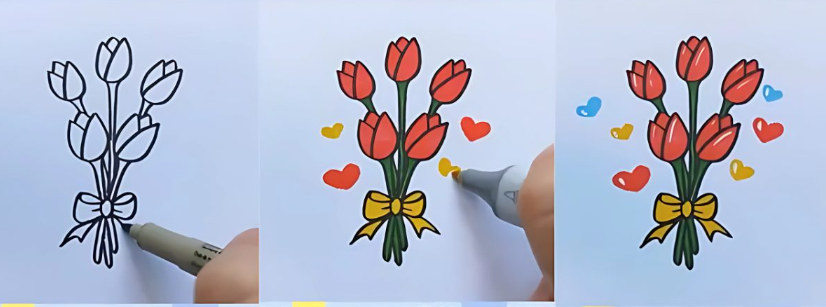 Vẽ nhiều bông hoa tulip làm cho bó hoa thêm đầy đặn, sinh động