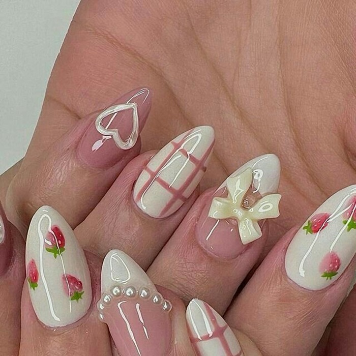 hình nail caro hồng