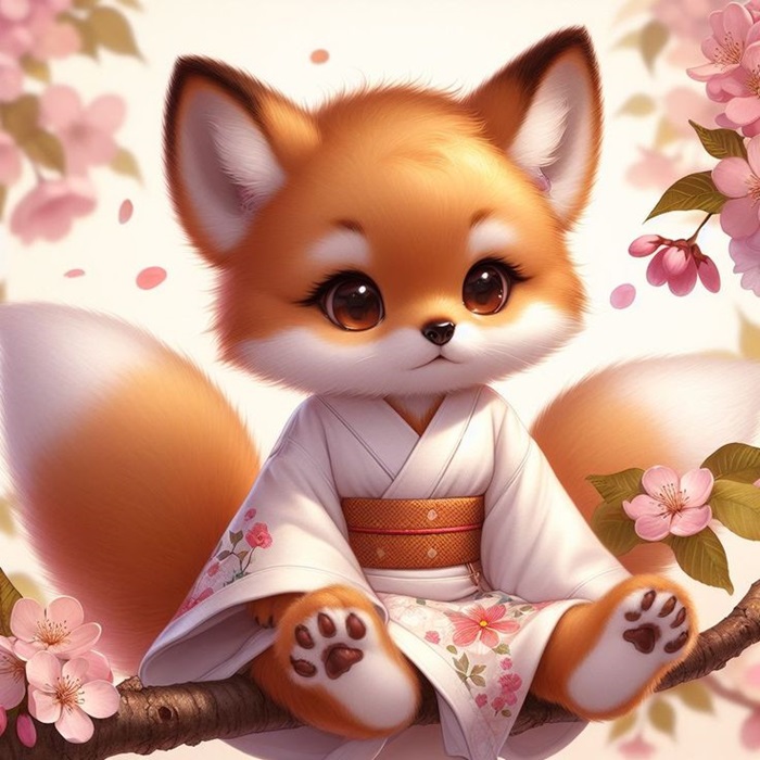 ảnh hồ ly chibi mặc áo kimono