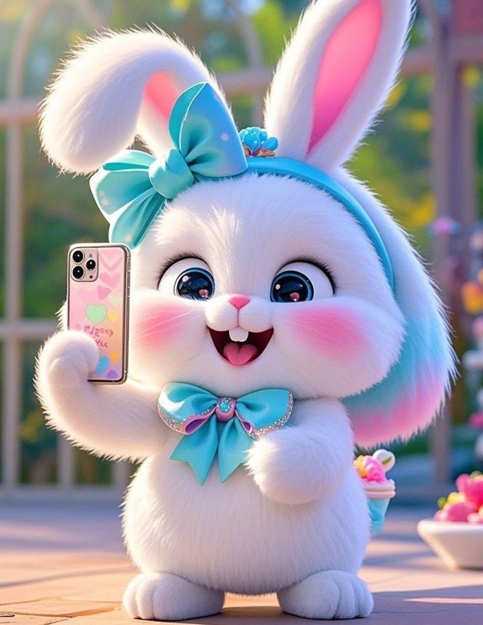 ảnh thỏ chibi cầm điện thoại