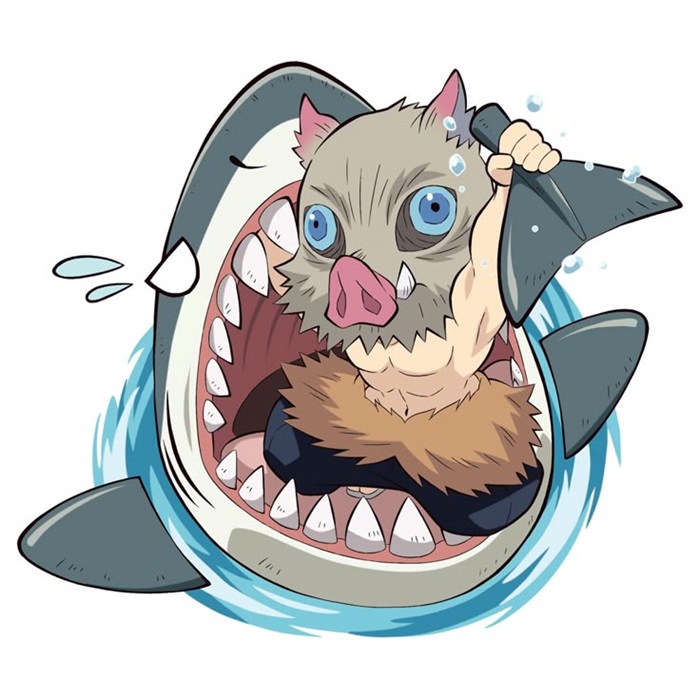 hình ảnh Inosuke chibi cầm đuôi cá mập