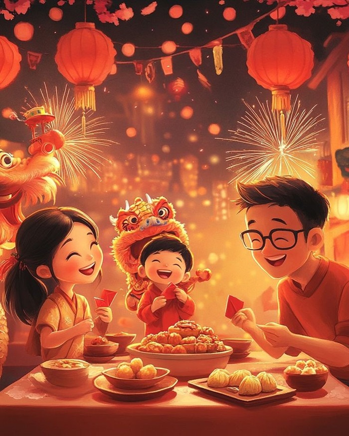 hình ảnh Tết chibi gia đình 3 người đáng yêu