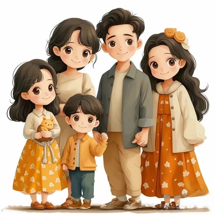 hình ảnh Tết chibi gia đình 5 người đáng yêu