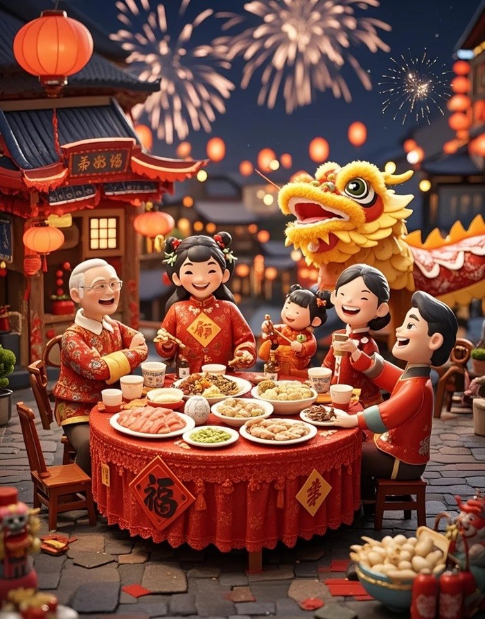 hình ảnh Tết chibi gia đình 5 người