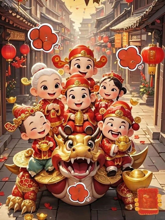hình ảnh Tết chibi gia đình 6 người hạnh phúc nhất
