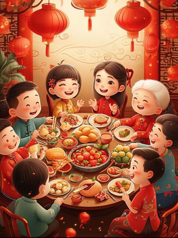 hình ảnh Tết chibi gia đình 8 người vui vẻ