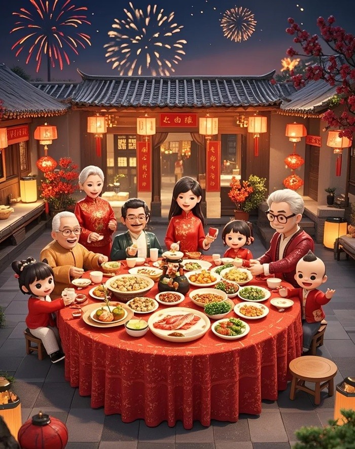 hình ảnh Tết chibi gia đình 8 người