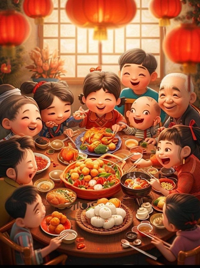 hình ảnh Tết chibi gia đình đông đủ
