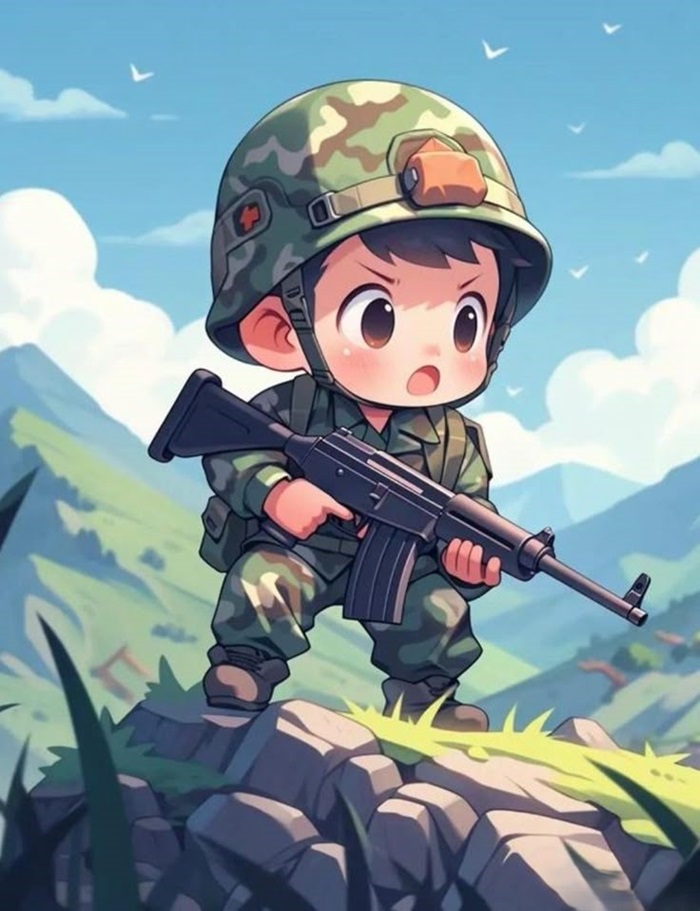 hình ảnh chú bộ đội chibi cầm súng