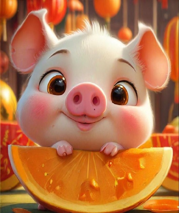 hình ảnh heo chibi ăn cam