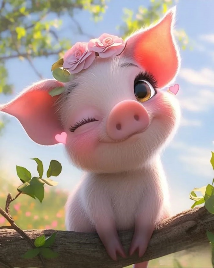 hình ảnh heo chibi đeo hoa