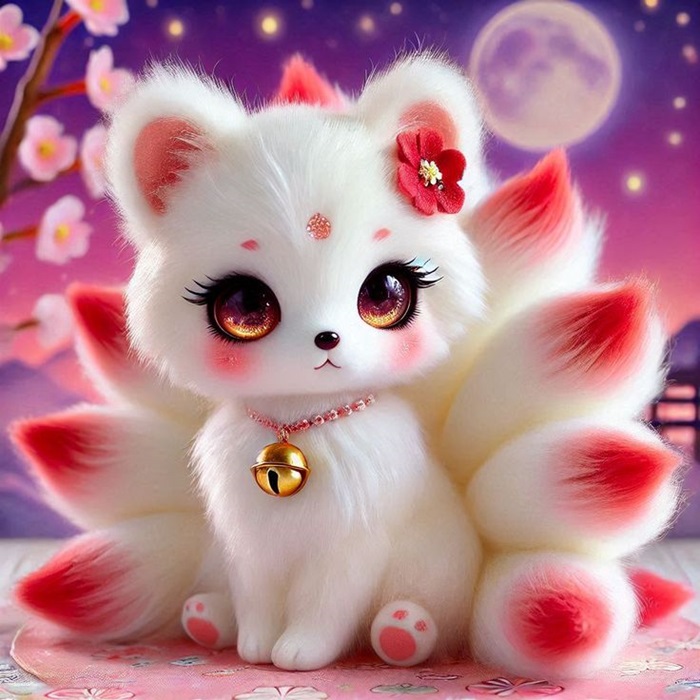 hình ảnh hồ ly chibi đeo hoa đỏ