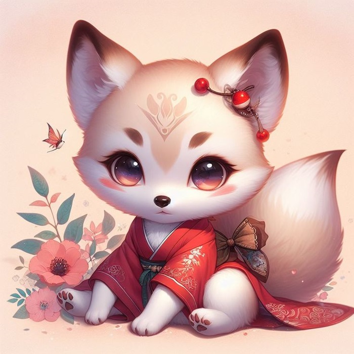 hình ảnh hồ ly chibi mặc kimono