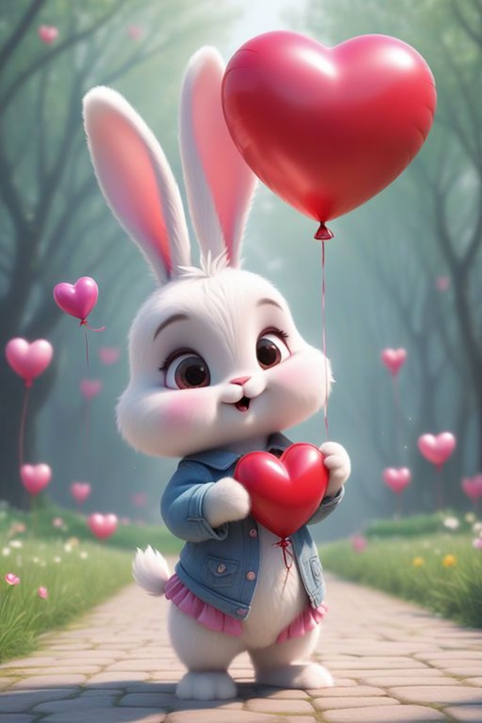 hình ảnh thỏ chibi bóng bay trái tim
