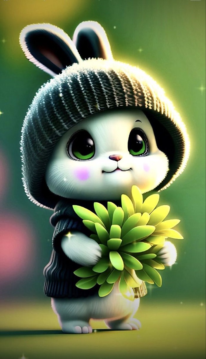 hình ảnh thỏ chibi cầm cây