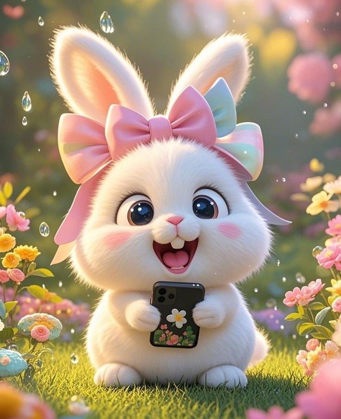 hình ảnh thỏ chibi cầm điện thoại