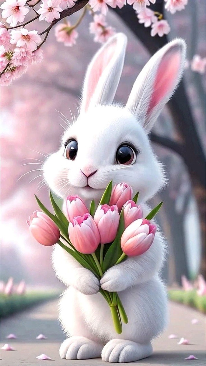 hình ảnh thỏ chibi cầm hoa ly