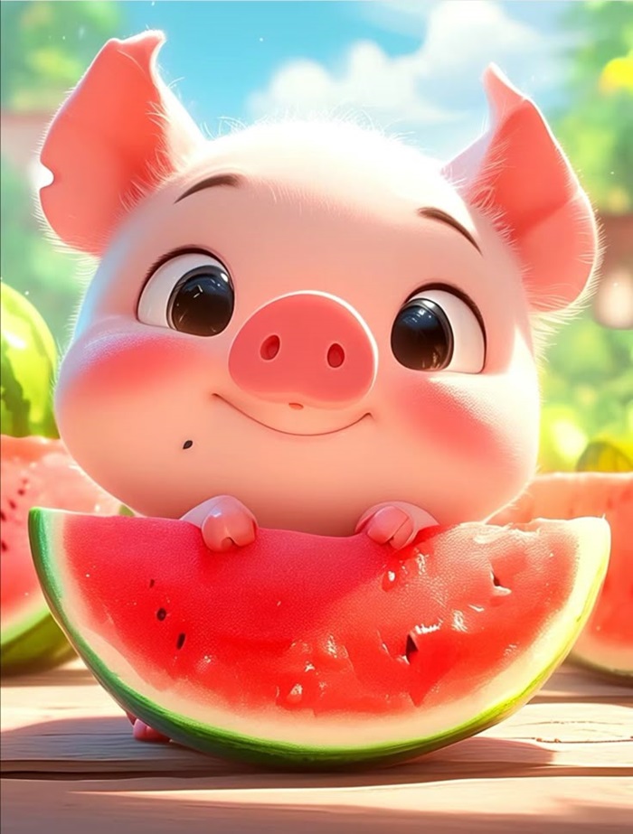 hình heo chibi ăn dưa hấu
