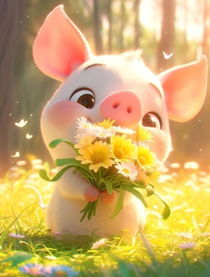 hình heo chibi cầm bó hoa cúc