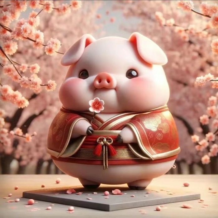 hình heo chibi cầm hoa đào