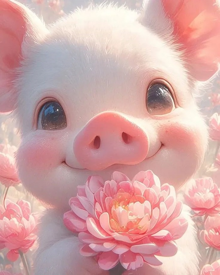 hình heo chibi cầm hoa