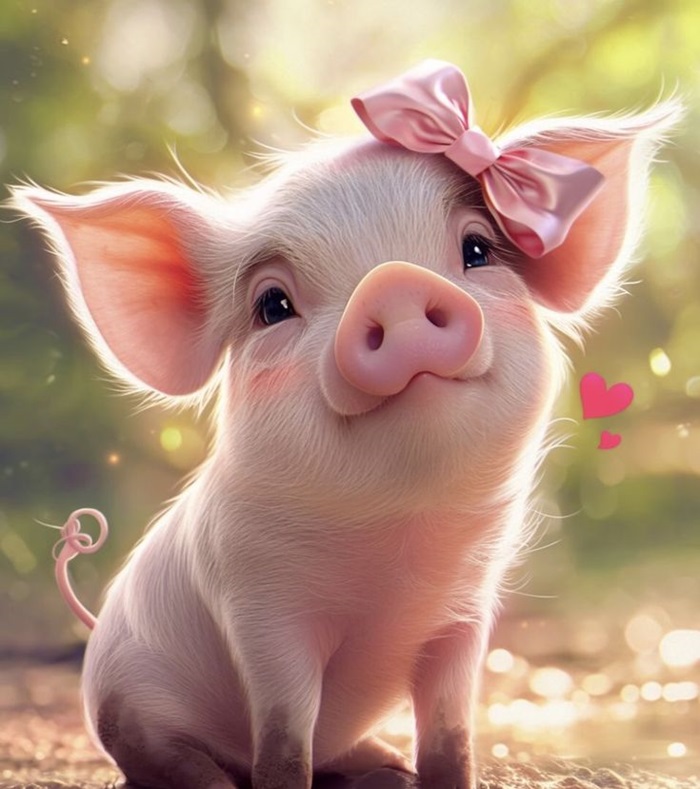 hình heo chibi đáng yêu đeo nơ hồng