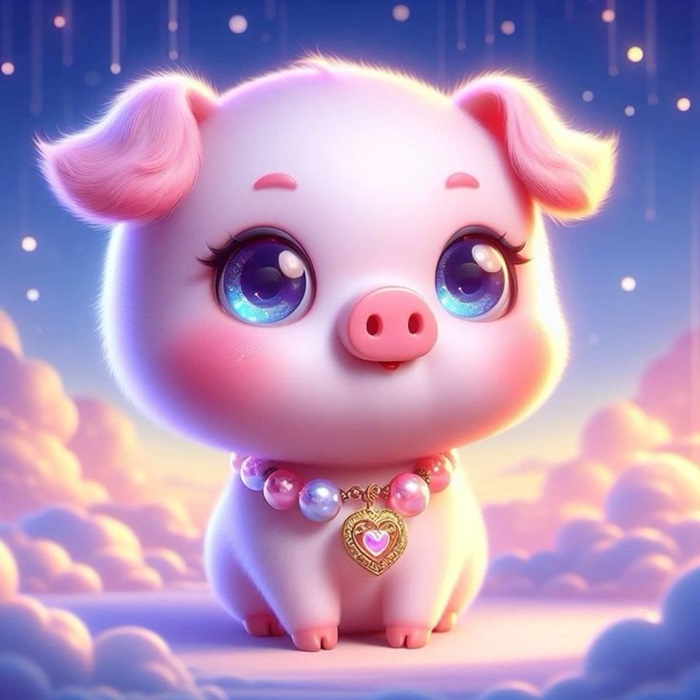 hình heo chibi đeo vòng cỏ