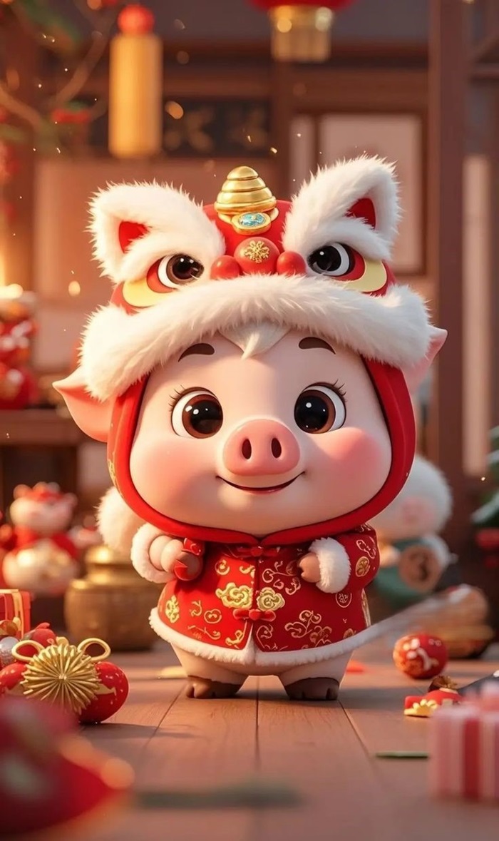 hình heo chibi đội đầu kì lân