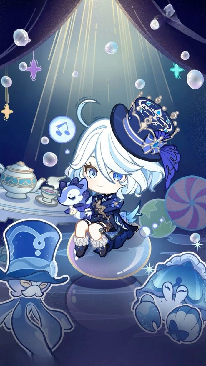 hình nền Furina Chibi uống trà