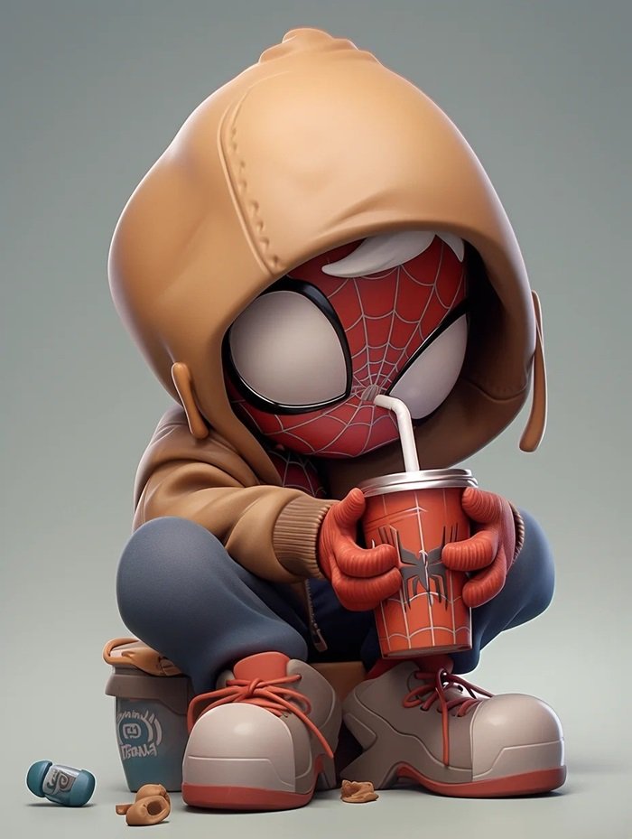 hình nền Spider Man chibi cầm cốc nước