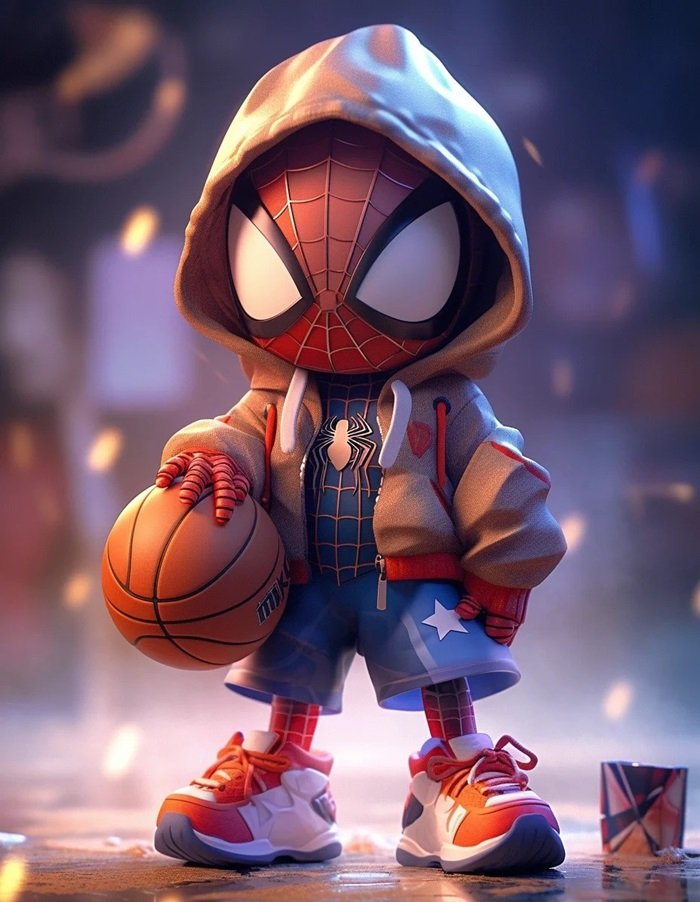 hình nền Spider Man chibi chơi bóng rổ