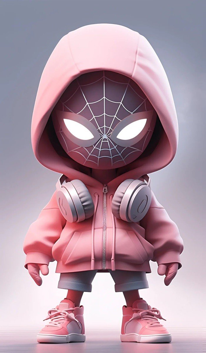 hình nền Spider Man chibi hồng đeo tai nghe