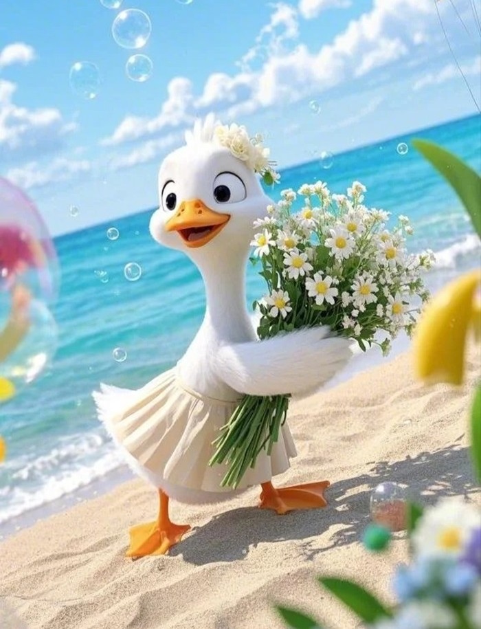 hình nền con vịt chibi cầm bó hoa
