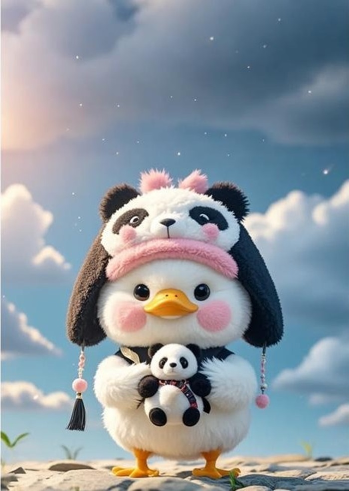 hình nền con vịt chibi cầm gấu trúc