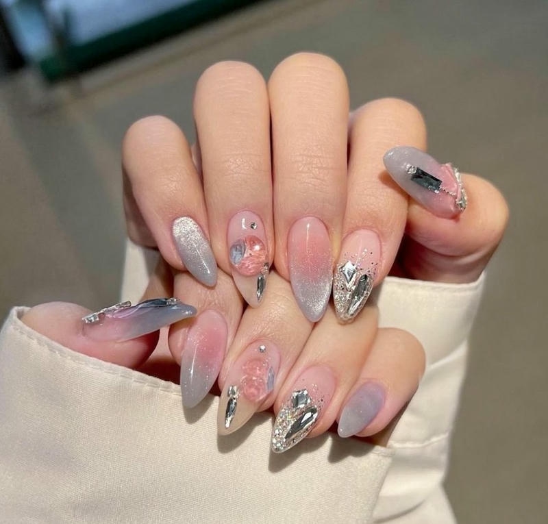 nail móng nhọn tròn màu hồng xám